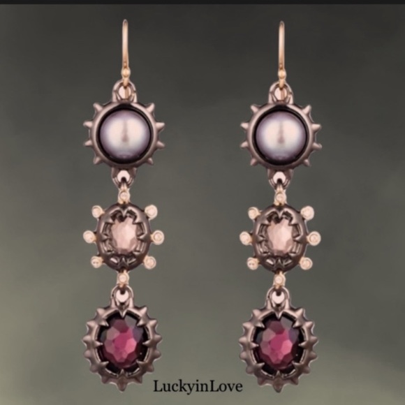 ALEXIS BITTAR • NEW Gold Gunmetal Pearl Stone 3 Stone Drop Spiked Earrings - Picture 3 of 11